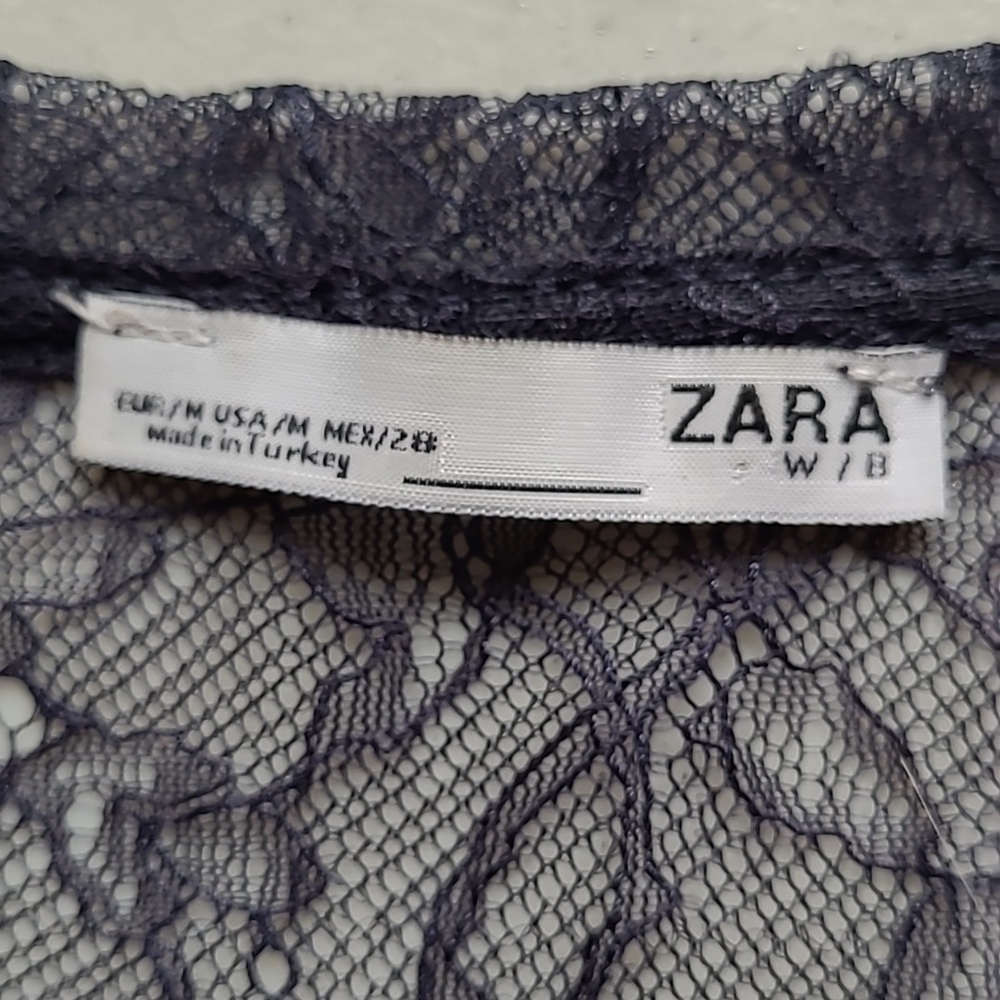 Zara Sheer Embroidered Floral Lace Top Navy Blue - Picture 2 of 8